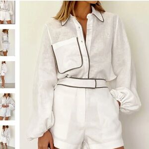 Commense Cream Blouse Long Bubble Sleeve Gray Trim Large Patch Pocket Oversized